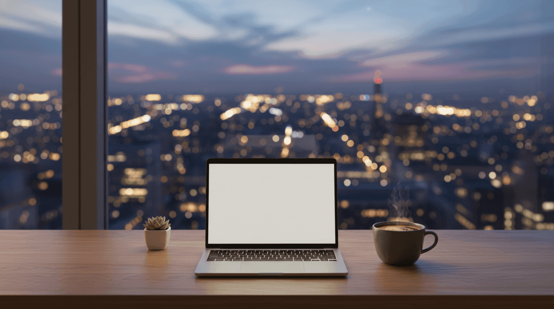 A passport and a laptop on a wooden desk beside a window overlooking a foreign city skyline at dusk