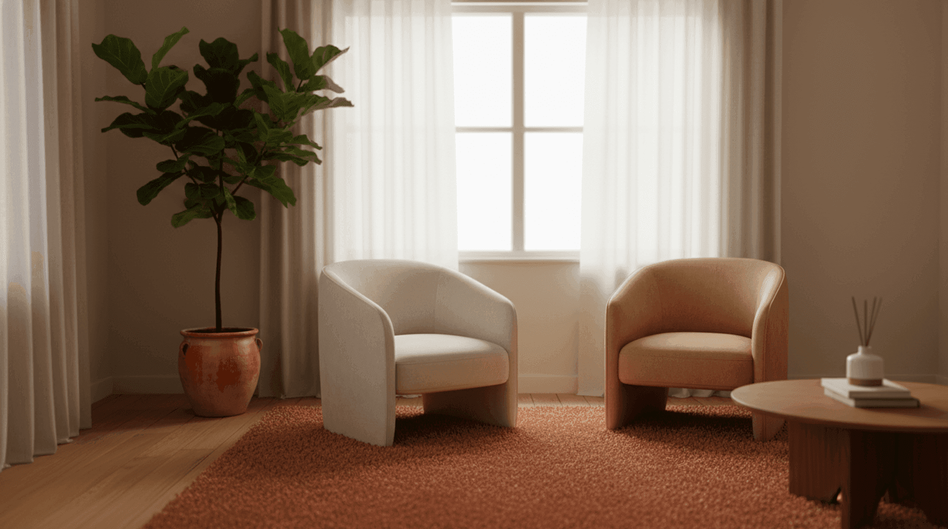 A quiet, softly lit therapy room with a single armchair, muted tones and natural light
