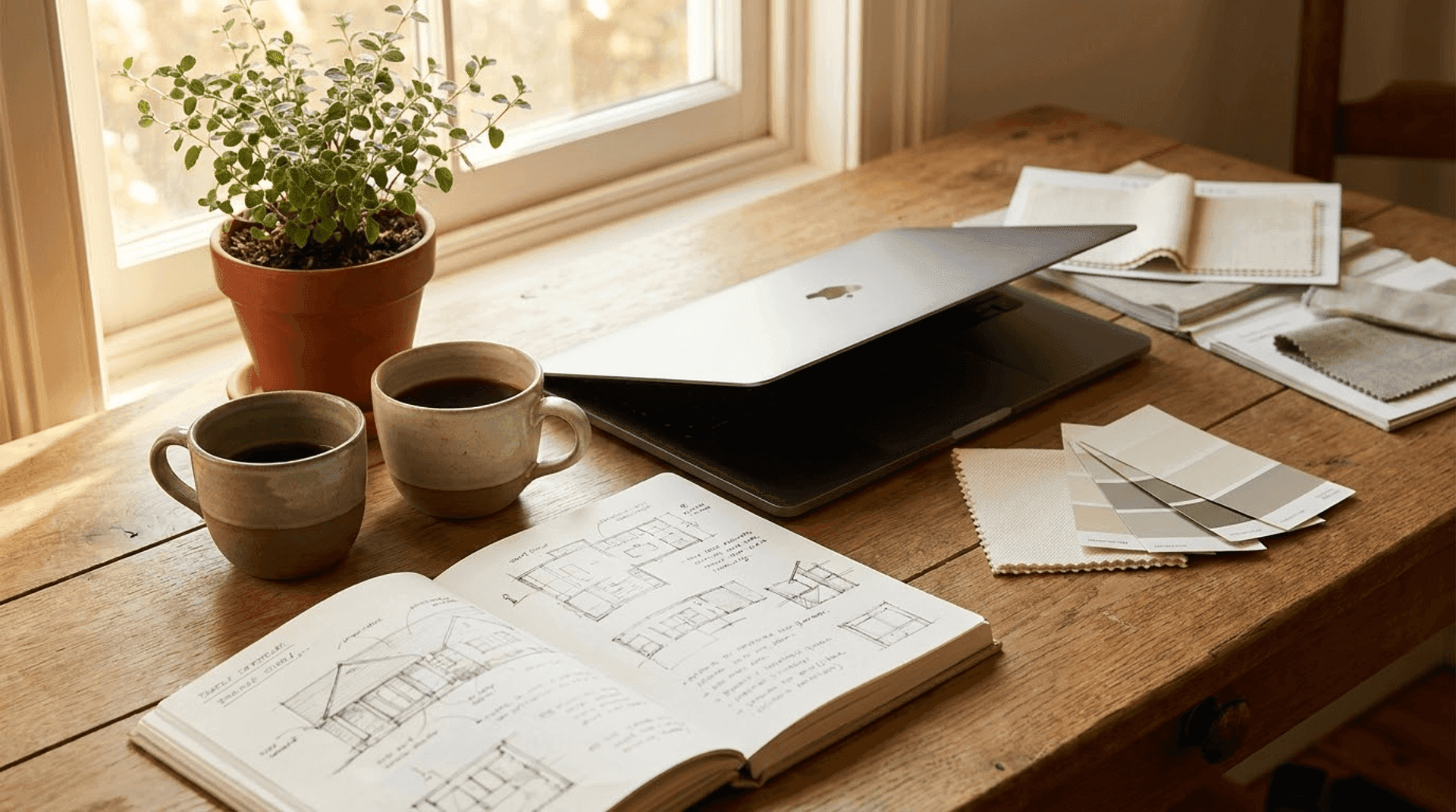 Two desks side by side in a calm studio, one with design sketches and one with code on screen