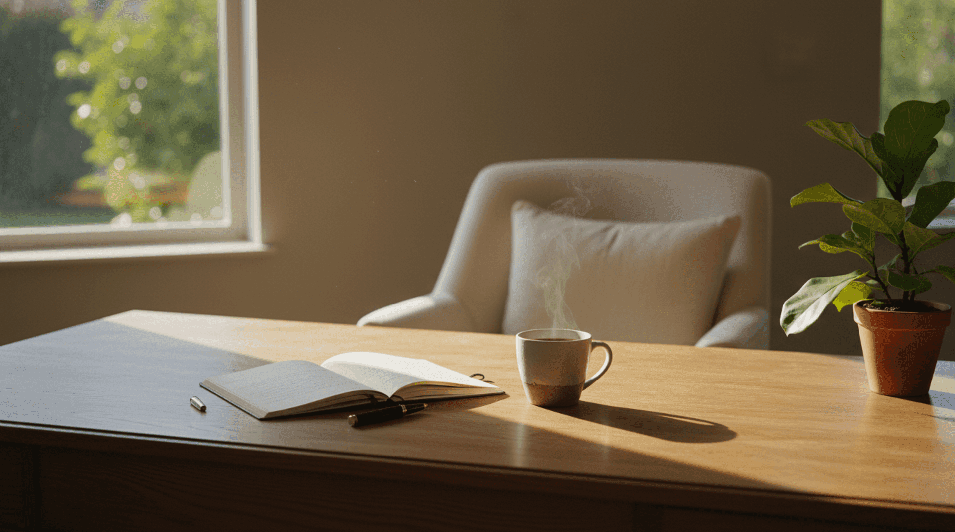A single microphone in soft natural light against a warm minimal backdrop