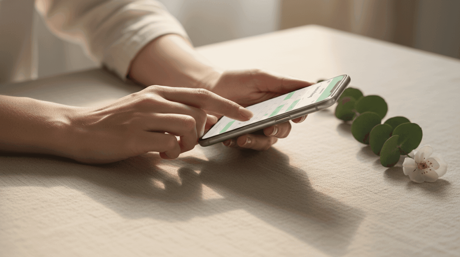 Hands holding a phone showing a calm, minimal appointment booking screen with soft lighting