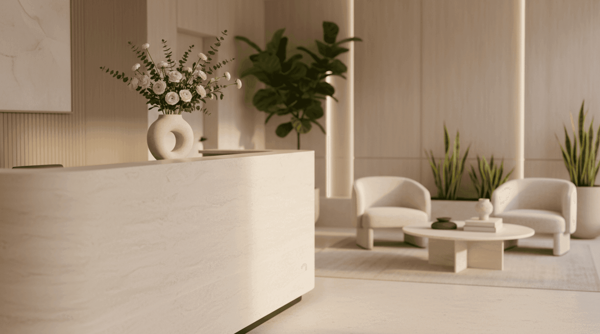 A calm aesthetic medicine clinic reception with soft daylight and a search bar overlay