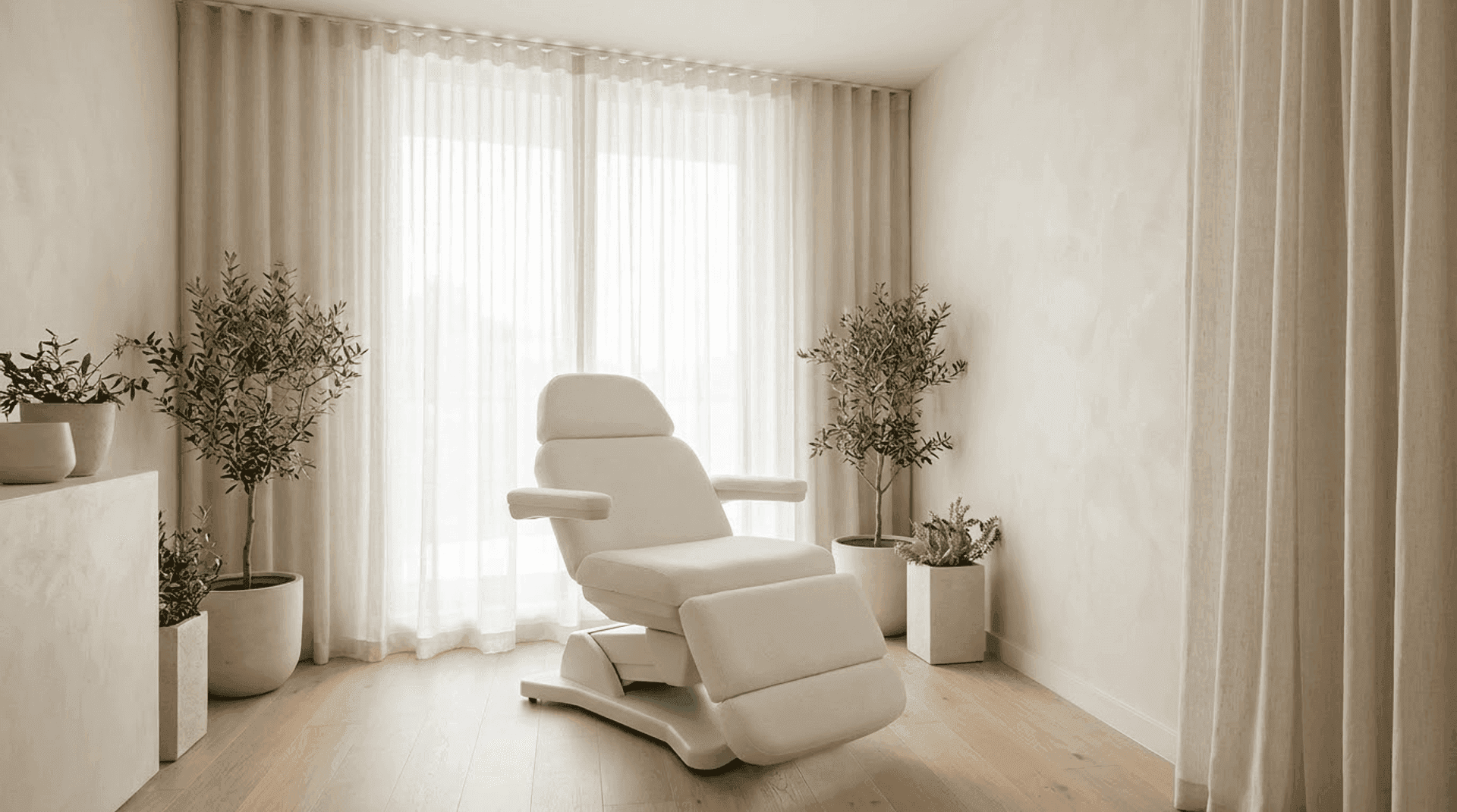 Minimalist aesthetic medicine clinic interior with soft natural light and a single treatment chair