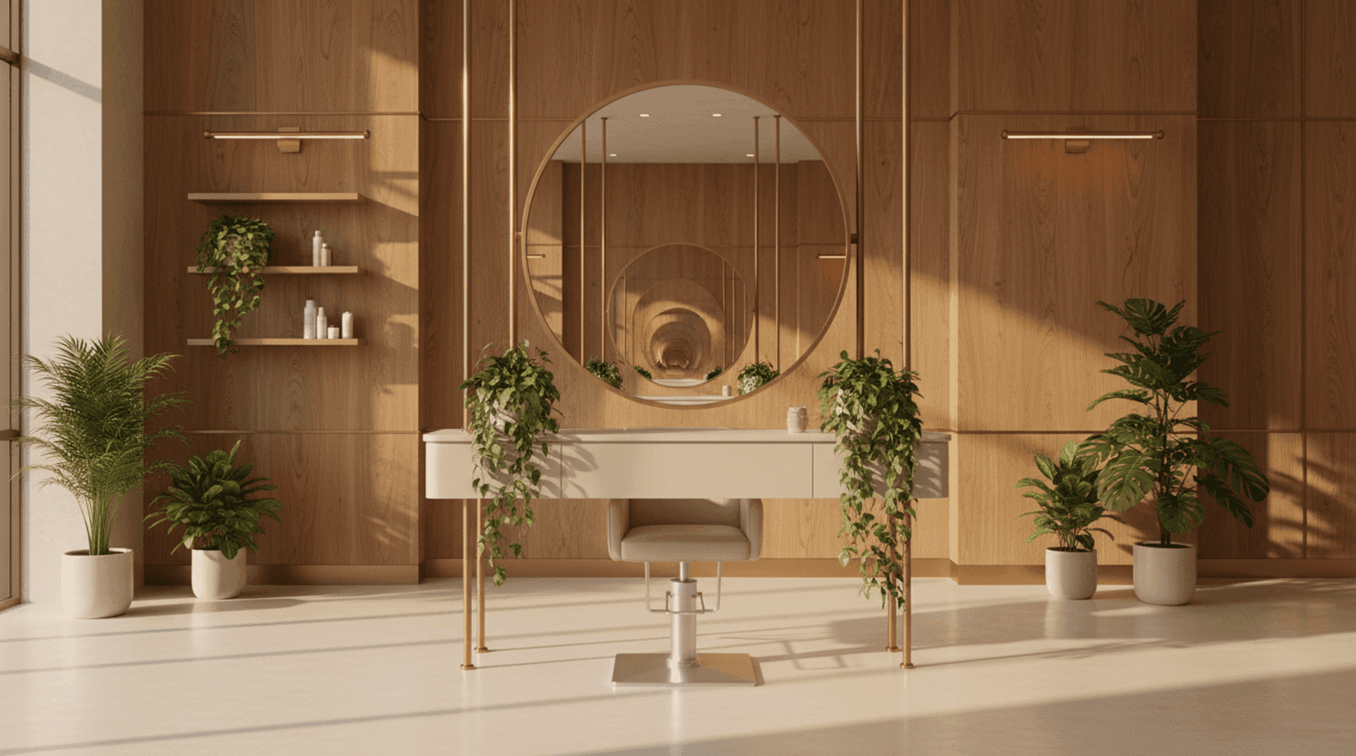 Sunlit hair salon interior with a styling chair, large mirror, and a tablet showing an online booking screen