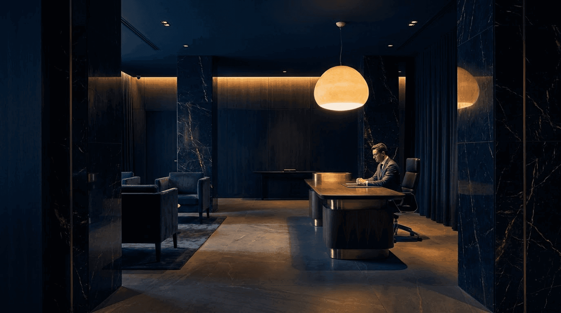 Quiet, structured law office interior with a single document on a polished desk and soft daylight